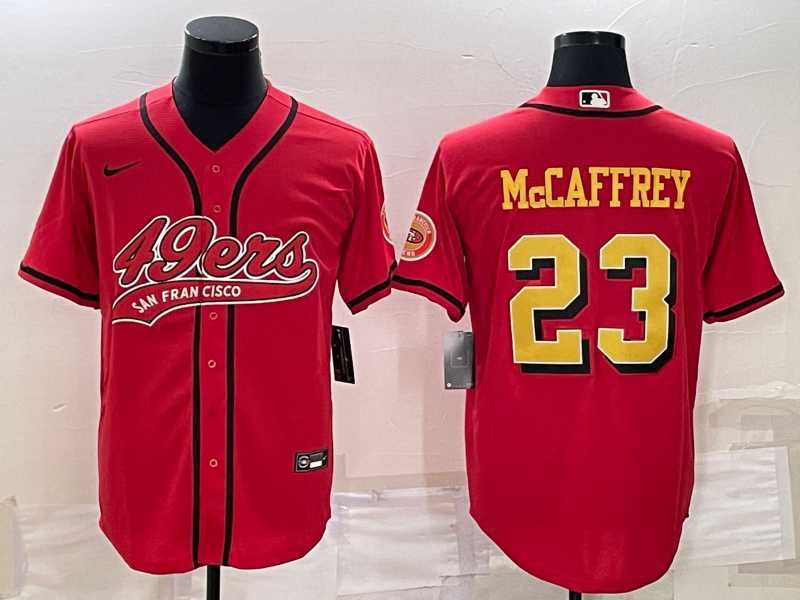Men%27s San Francisco 49ers #23 Christian McCaffrey Red Gold With Patch Cool Base Stitched Baseball Jersey
